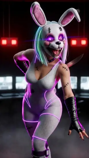 AI Video: Tilts head playfully, mask adjusts. Eye sparkle, eyebrows waggle. Chest rises...