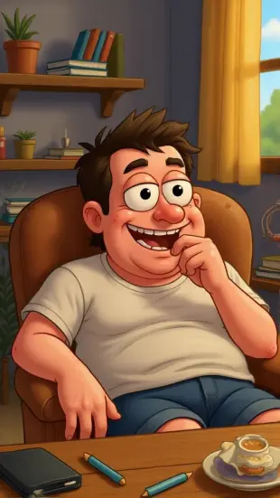 AI Video: Lounges lazily on couch, picks nose; tilts head, smirks, "Hey, buddy!" Chest...