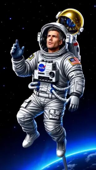 AI Video: Major Tom leans back, head tilts slightly, eyes scanning the void, lips part...