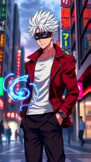 AI Video: Gojo smirks, whites of eyes glow briefly, leans in, "Ready?"—tilts...