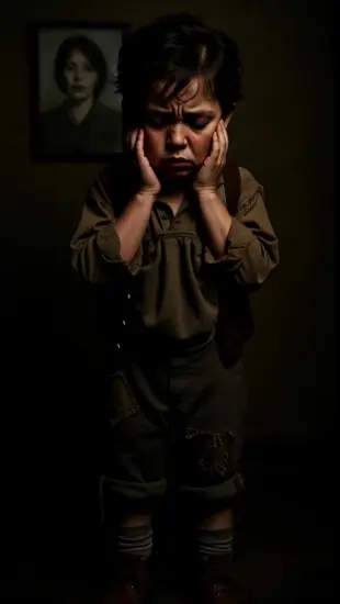 AI Video: He looks down, trembling fingers rising to temples, tilting head slightly as...