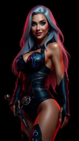 AI Video: She leans in, emerald eyes narrowing, chin tilts up, lips curve into slow,...