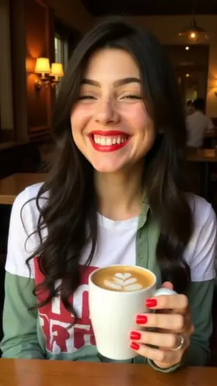AI Video: "Smiles warmly, leans in, coffee extended, tilts head slightly, eyes twinkle,...