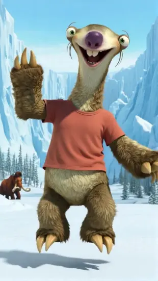 AI Video: Sid stumbles forward, arms outstretched, tilting to avoid face-planting,...