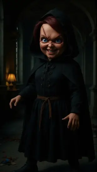 AI Video: mysterious gaze, shadows moving, enigmatic smile and say uaaa ahah