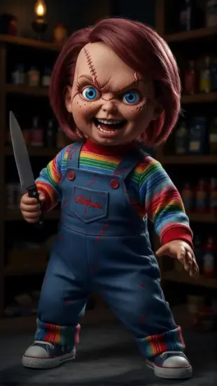 AI Video: She grins broadly, teeth bared, then swiftly darts to shelf, knocking items...