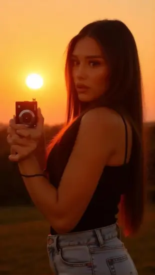 AI Video: "She grins broadly, tilts head, squints at sunset, chest swells with...