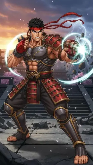 AI Video: warrior stance, fist clenching, determined eyes