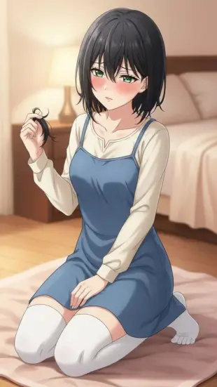 AI Video: shy look down, gentle blush, playing with hair