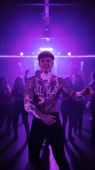 AI Video: A confident, tattooed dancer moves across a crowded dance floor, shirtless,...