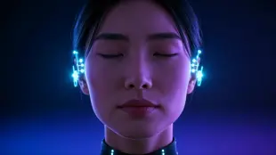 AI Video: Cinematic close-up video of a charismatic female AI persona in a dark, modern...