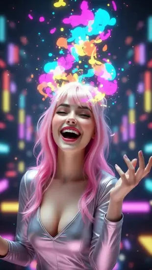 AI Video: "She grins broadly, eyes sparkling with excitement, tilts head slightly,...