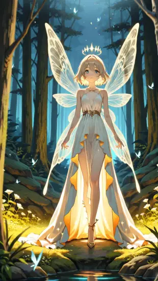 AI Video: The fairy turns slightly in the enchanted forest. Her glowing wings gently...
