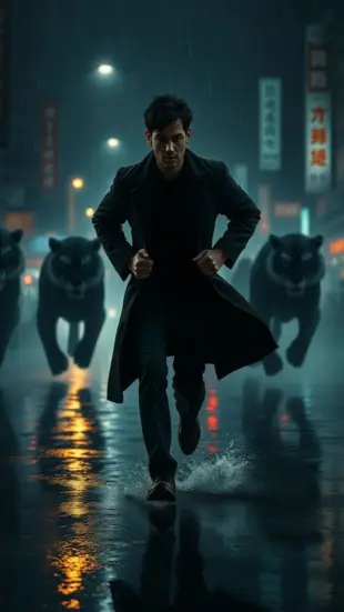 AI Video: Cinematic anime noir scene, full-body shot of a man in his late 20s.
He is...