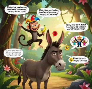 AI Video: Monkey: "Donkey bhai, tum itne slow kyun chalte ho? Lagta hai tumhara GPS...