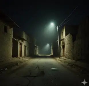 AI Video: Dark night in Mardan, Pakistan. A deserted narrow street with old mud houses...