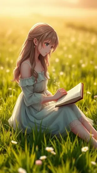 AI Video: A beautiful anime-style girl with soft, delicate features is sitting on green...