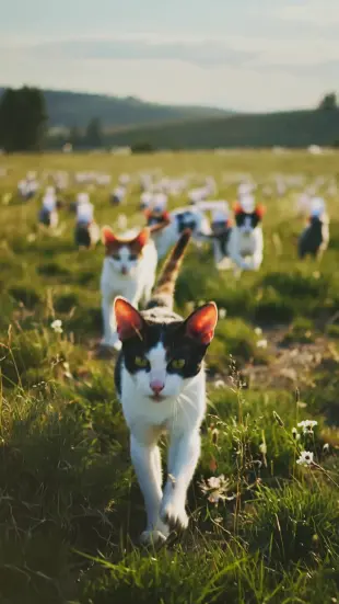 AI Video: Бежит по полю 140 котов разных пород от огромной стаи мышей, мышей на головах...