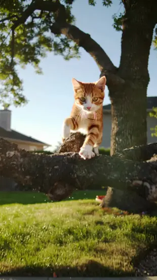 AI Video: Быстро бежит кот по ветке, падает с нее в бассейн с игрушками, отпрыгивает в...