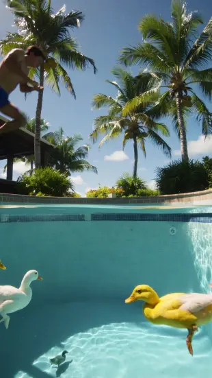 AI Video: Пловец прыгает в бассейн с водой, под водой видно как открывается портал в...