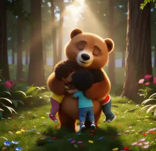 AI Video: Loving 3D bear hugging children gently, heart-warming scene, colorful flowers...