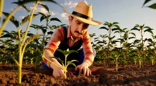 AI Video: “एक किसान खेत में बीज बोता हुआ — मिट्टी में एक-एक बीज लगाते हुए, सुबह की...