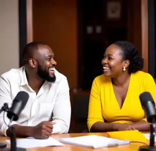 AI Video: Create a short funny podcast style video featuring two people one man and one...