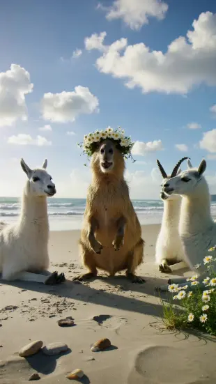 AI Video: Пушистая капибара с венком из ромашек на голове танцует, вокруг сидят ламы и...