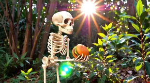 AI Video: Animated, jungle background, sun light, animated skeleton eating hamburger...