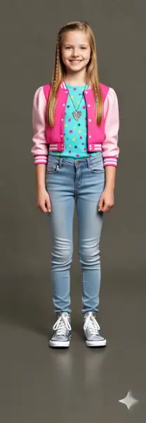 AI Video: A young girl enters the scene confidently, smiling naturally. She stands...