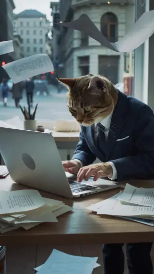 AI Video: Серьёзный кот в деловом костюме яростно печатает на ноутбуке в офисе. Бумаги...