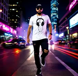 AI Video: confident man with beard, white t-shirt with black headphones graphic, ripped...