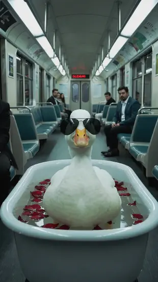 AI Video: Утка в солнцезащитных очках сидит в  ванной с лепестками роз. А эта ванна...