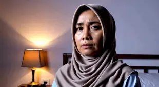 AI Video: Seorang wanita melayu berhijab.  Umur sekitar 30 tahun.  Riak wajah sedih....