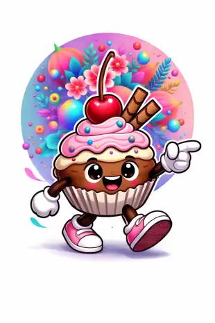 AI Video: animation of the cupcake character. The cupcake enters from the left side of...