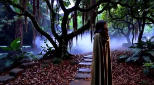 AI Video: девушка в загадочном лесу