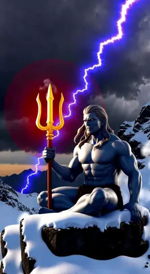 AI Video: “Cinematic 15-second scene of Shiva Mahadev sitting angrily on snowy Himalaya...