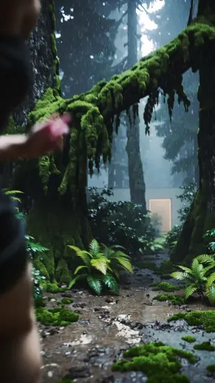 AI Video: Девушка бежит в лесу, а за ней ползут змеи, лес темный, мигает молния, идет...