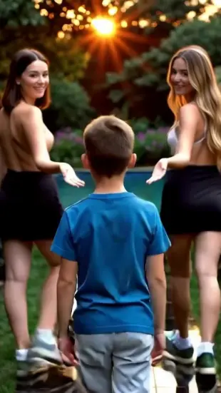 AI Video: Anna és Eszter egy medence partján sétál.Milant hívják magukkal a medence...