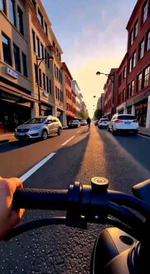 AI Video: A guy riding a sxooter in first person realy fast crashes in to pipole and...