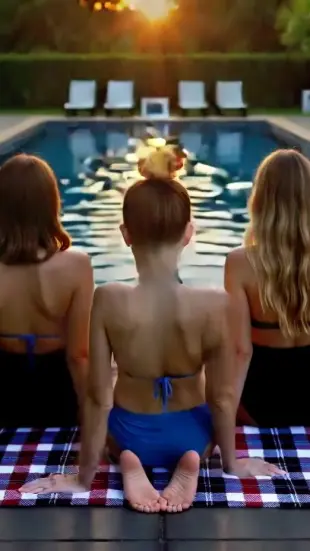 AI Video: A medence túlsó oldalán három nő ül bikiniben .nincs rajtuk felső.25 évesek...