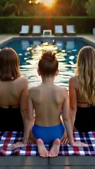 AI Video: A medence túlsó oldalán három nő ül bikiniben . A három nőn nincs felső.25...