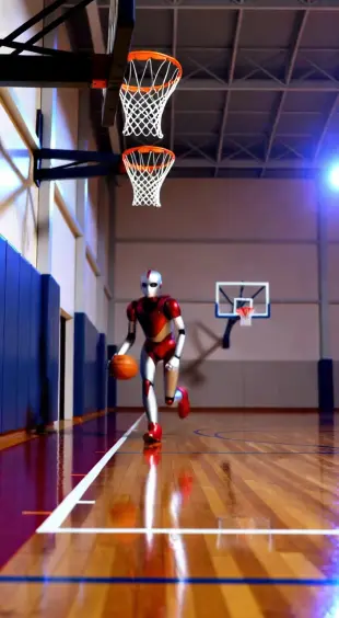 AI Video: Transformer running into a wall whit a basketball and shooting a 3 pointer...