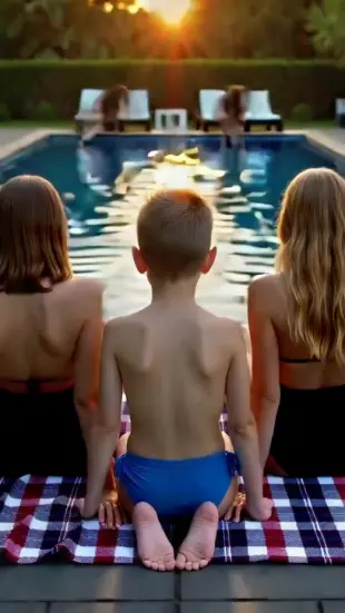 AI Video: A medence túlsó oldalán három nő ül bikiniben .nem látható de nincs rajtuk...