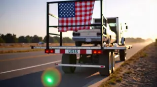 AI Video: На обочине с громким скрипом останавливается автовоз, раскрашенный в цвета...