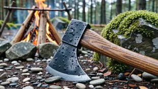 AI Video: "Extreme close-up of a weathered Viking axe head or a heavy iron shield...