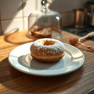 AI Video: A man's hand takes the doughnut from the plate and puts the same doughnut...