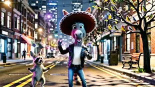 AI Video: "A stylized, cinematic 80s rock music video clip, featuring the two...