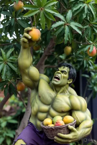 AI Video: Hulk bagiche se pake aam tor ke tokari me bhar raha hai aur bol raha hai अब...