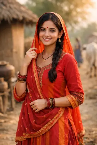 AI Video: A realistic Indian village setting during warm golden evening light. A young...